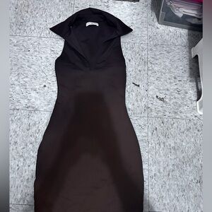 Babaton Brown V-neck Midi Dress with Collar